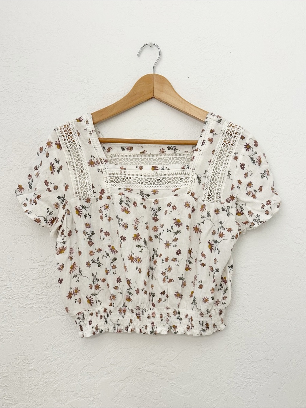 Arizona Cream Floral Milkmaid Top Lace Crochet Trim Cottagecore